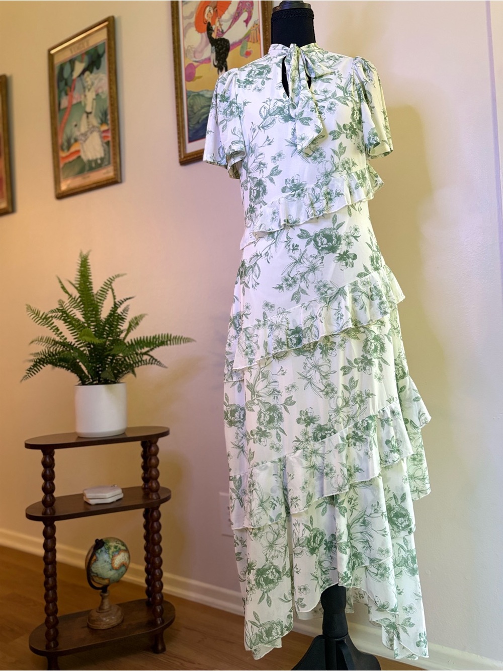Tie-Neck Floral Maxi Dress - White & Sage